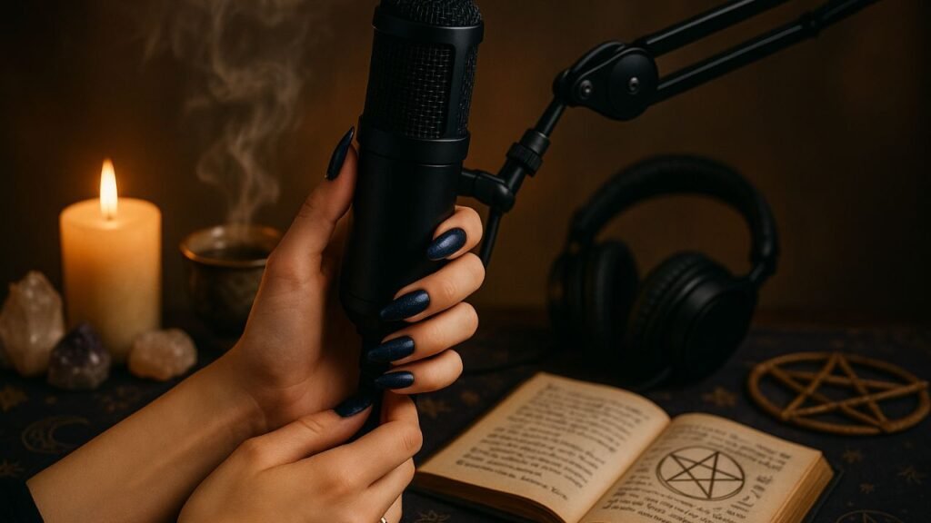 Mãos femininas com unhas azul-escuro seguram microfone preto, com vela, cristais e livro com símbolo pentagrama em fundo mágico