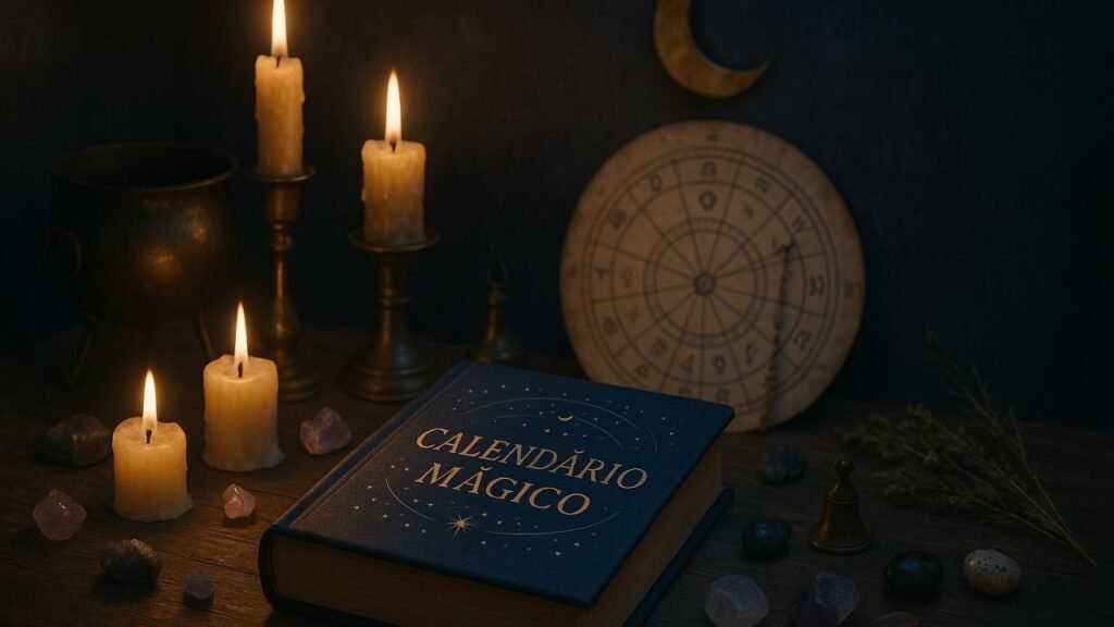 Imagem do Calendário Mágico com velas acesas, cristais e livro azul com título dourado, cenário místico e simbólico