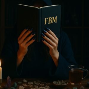 Imagem simbólica da Formação da Bruxa Mística de Mica Mihaylova, com mãos femininas segurando um livro preto com as iniciais FBM, rodeada de velas, runas e chá
