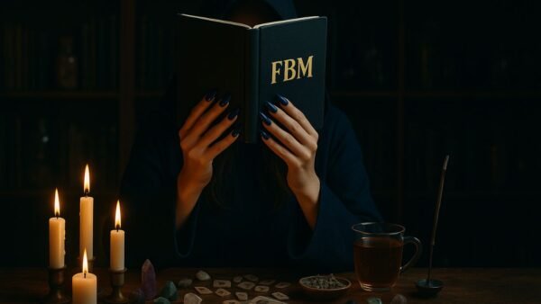 Imagem simbólica da Formação da Bruxa Mística de Mica Mihaylova, com mãos femininas segurando um livro preto com as iniciais FBM, rodeada de velas, runas e chá