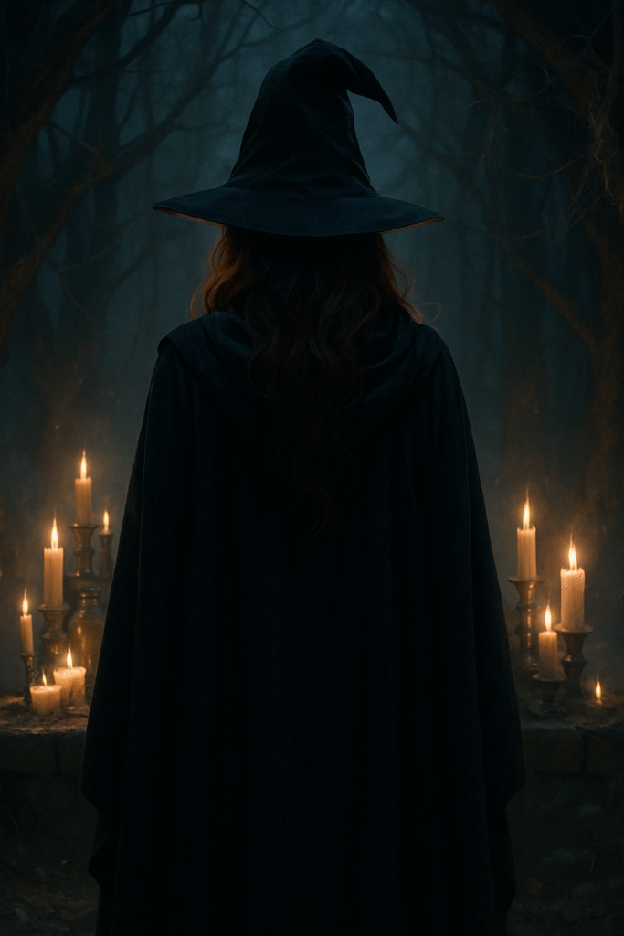 Mulher com capa preta e chapéu pontudo de bruxa de costas, em floresta com névoa e velas acesas ao redor